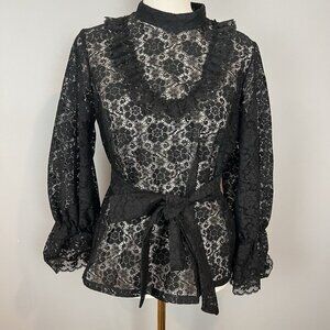 Vintage Black Lace Blouse Womens Size Small‎ High Neck Long Sleeve Belted